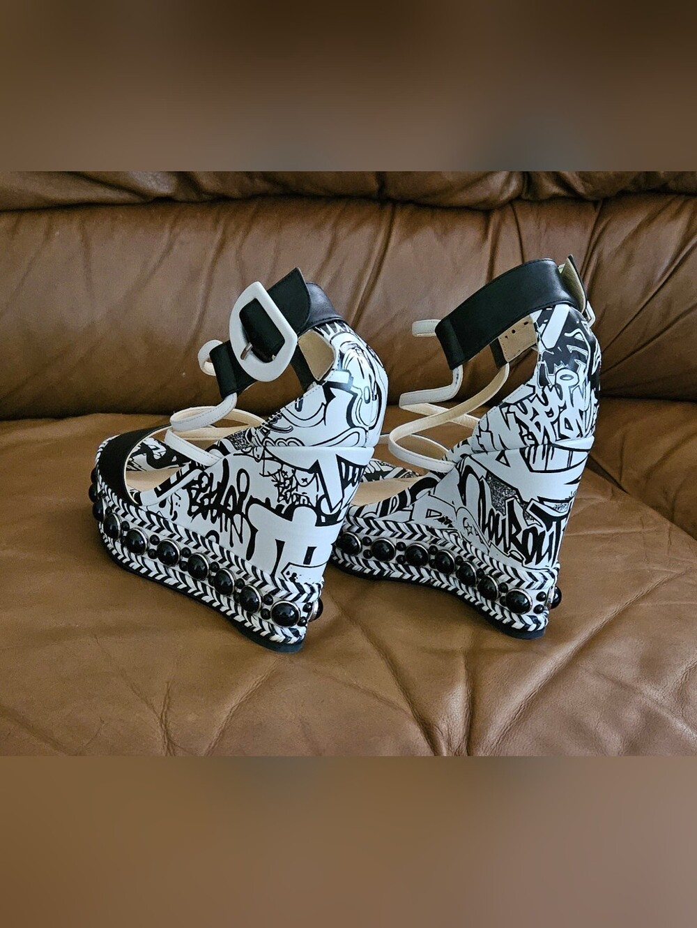 Christian Louboutin Black & White Graffiti Wedge Buckle Sandals Size 5 US - Picture 12 of 16